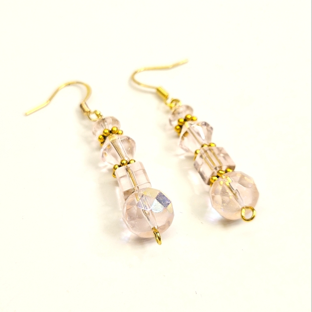 Clear Pink Faceted Glass Beaded Earrings